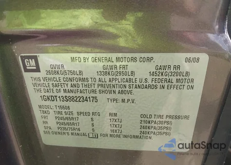 2008 GMC Envoy Sle z USA, uszkodzony, nr VIN 1GKDT13S882234175